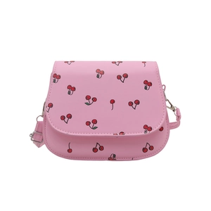 Pink saddle crossbody bag with cute cherry print and adjustable leather strap for women