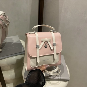 Sweet Women PU Leather Colorblock Small Square Backpack With Bow Heart Pendant Fashion School Travel Handbag Shoulder Bag