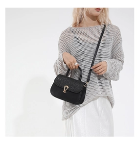 Detail of black crossbody bag featuring a glittery flap and golden horseshoe buckle