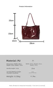 Detailed dimensions of burgundy PU tote bag with bow detail showing 28x23x12cm size