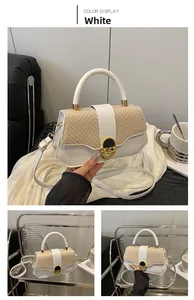 Detail of white leather and straw weave handbag with golden oval clasp and round handle