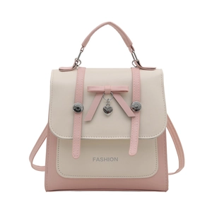 Sac à dos minimaliste en cuir PU rose et beige avec nœud et pendentif en forme de cœur