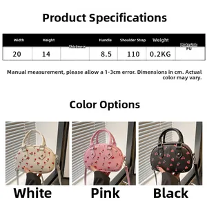 Detailed size chart and multi-color options for cherry print PU crossbody handbag