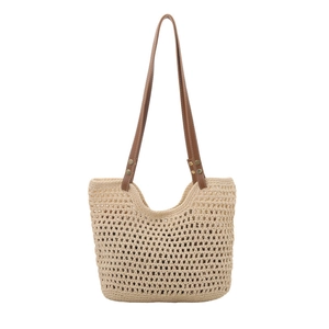 Grand sac fourre-tout en maille tissée main avec bandoulières en similicuir marron sur blanc