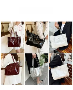 Collage of colorful tote bags in glossy finish featuring metallic bow logo and dual straps
