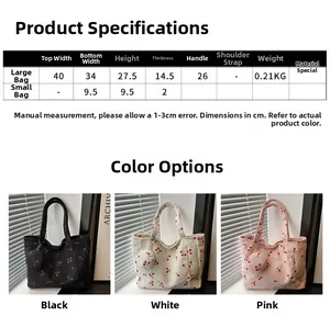 Size chart showing cherry print canvas tote bag dimensions and matching small round pouch