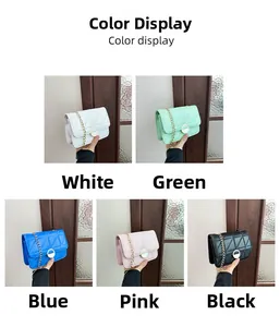 Quilted square bags in five colors with gold chain straps and metal snap buckles