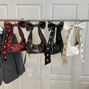 Chic vintage style rivet bow handbags in wine red, brown, black and cream leather