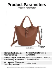 Detailed dimensions of brown lychee grain leather bucket bag with silver buckle