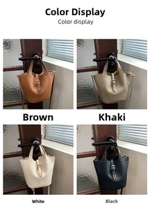 Detailed grid view of four available colors in lychee grain leather bucket bag design