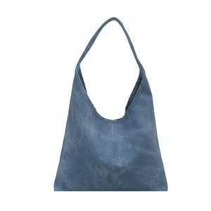 Deep blue crescent hobo tote bag in retro washed canvas with center stitch detail