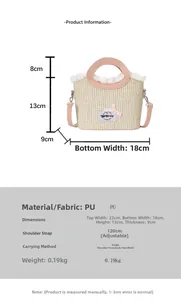 Detailed view of woven straw bag with pink leather trim, lace edge, and size specifications