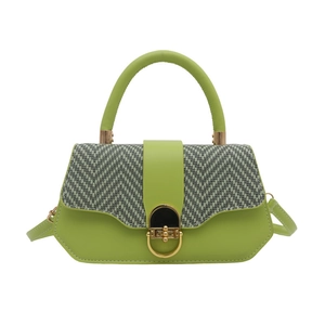 Lime green geometric handbag with grey herringbone weave and gold round swivel lock