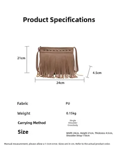 Dimensions détaillées du sac à bandoulière en cuir PU marron avec franges et clous
