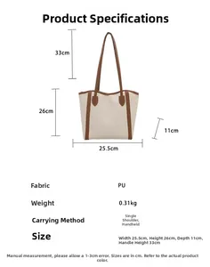 Detailed dimension guide for two-tone tote bag with handle height and body measurements