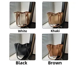 Detailed comparison of minimalist faux leather tote bags in white, khaki, black, and brown