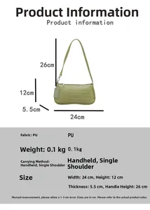 Detail of green faux leather baguette bag with crocodile texture and dimensions info