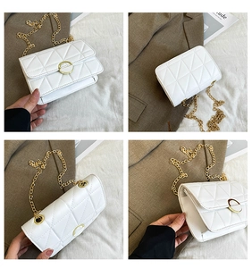 Detailed four-angle shots of white quilted crossbody bag with gold chain and round buckle