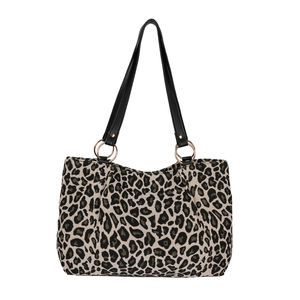 Chic leopard print tote bag with black leather straps and gold metal ring hardware