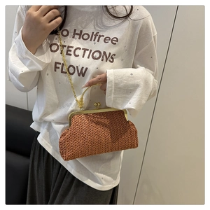 Détail du sac rétro en paille avec fermoir doré et bandoulière chaîne porté à l'épaule