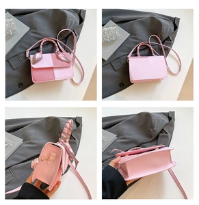 Detail shots of pink crossbody bag showing texture contrast, scarf handle, and straps