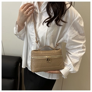Khaki croc-textured box bag with gold zippers shown on a model in a minimalist setting