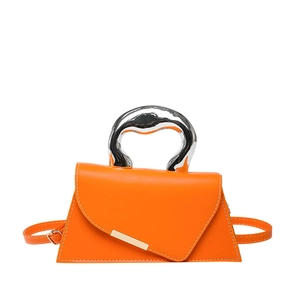 Chic orange acrylic handbag with silver irregular metal handle and shoulder strap