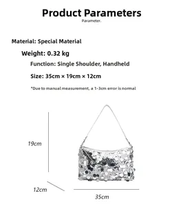 Size specifications for the silver sequin crescent bag with dimensions 35x19x12cm