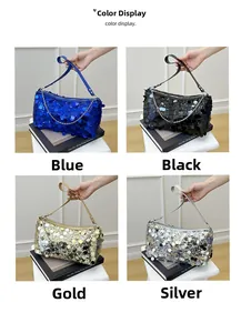 Detail display of sequin crescent bags in blue, black, gold, and silver with chain straps