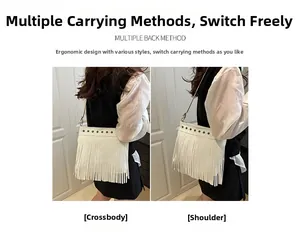 Détail du sac à franges blanc montrant les styles de port en bandoulière et à l'épaule