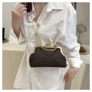 Vintage straw woven shell bag with gold metal clasp and chain strap for women.
