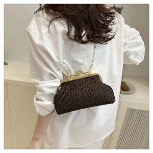 Détail du sac coquille tressé marron foncé avec fermoir doré sur une bandoulière