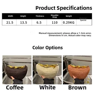 Detailed size specifications and dimensions for woven crescent bag with metal handle