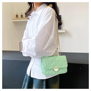 Close-up of light green quilted crossbody bag with golden chain and metallic buckle