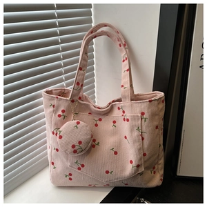 Sac cabas en velours côtelé rose avec motif cerises et petit porte-monnaie