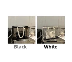 Detail of transparent PVC tote bags with woven rope handles and inner fabric pouches