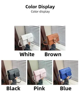 Color display of stylish crossbody bags in white, brown, black, pink and blue leather