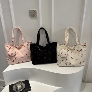 Sac Cabas En Velours Côtelé Pour Femmes Imprimé Cerises Sac À Épaule Mignon Avec Porte Monnaie Rond Sac À Main D'Été