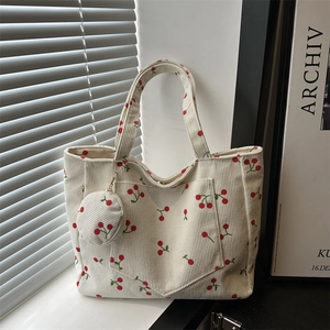Sac fourre-tout beige en velours côtelé imprimé cerises avec petit porte-monnaie assorti