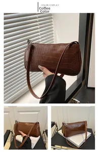 Détail du sac bandoulière marron café avec motif crocodile, étiquette et longue sangle