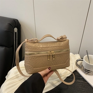 Fashionable woven texture box handbag with dual zippers and adjustable shoulder strap