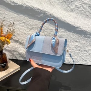 Retro colorblock small square handbag with silk scarf handle and adjustable strap