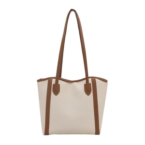 Minimalist cream and brown two-tone large capacity tote bag with leather shoulder straps