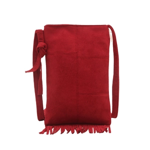 Vintage red suede mini crossbody bag with bohemian tassel and decorative knots