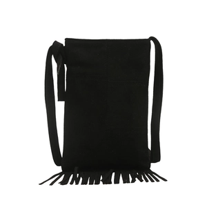 Bohemian style black suede crossbody bag with long decorative fringe on a white background