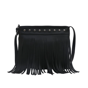 Black tassel crossbody bag with lychee texture leather and silver rivets on white background