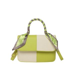 Green and beige patchwork handbag with silk scarf handle and adjustable strap