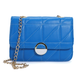 Minimalist bright blue quilted square crossbody bag with gold chain strap for summer