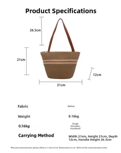 Detail-Größentabelle für Stroh-Shopper mit Ethno-Muster und genauen Abmessungen