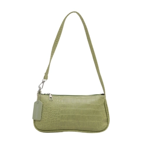 Retro crocodile pattern light green baguette shoulder bag with silver zipper closure